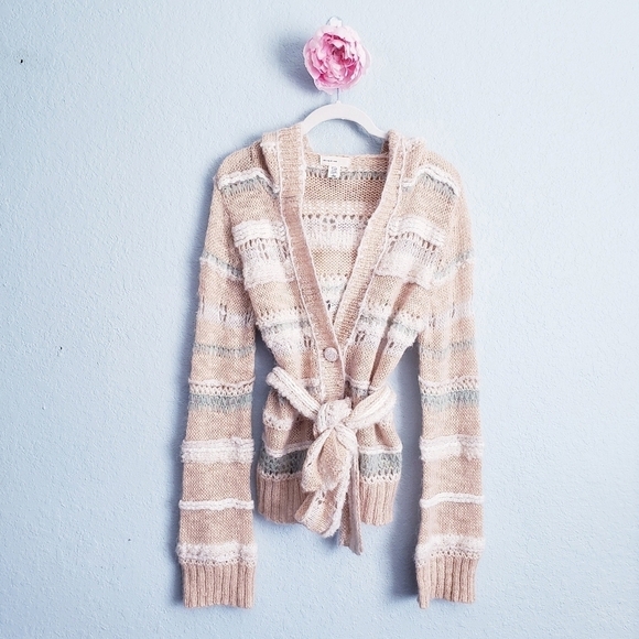 Sleeping On Snow Cream Striped Open Knit Button Down Belted Wool Blend Cardigan - Picture 1 of 7